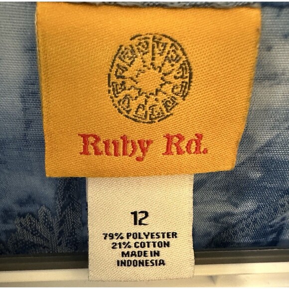 Ruby Rd Blue Embroidered Floral Button Front Blouse Roll Tab Sleeves SZ 12 - Picture 2 of 4